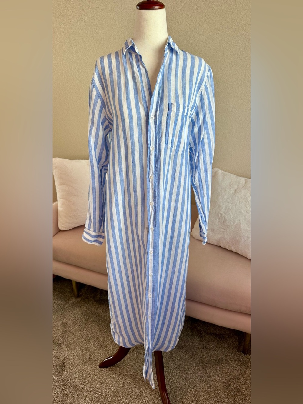 Frank & Eileen Rory Maxi Shirt Dress Blue & White Linen Stripe Womens XS Coastal